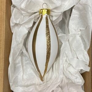 White & Gold Striped Glass Christmas Ornament Teardrop Vintage Style‎ Decor NEW